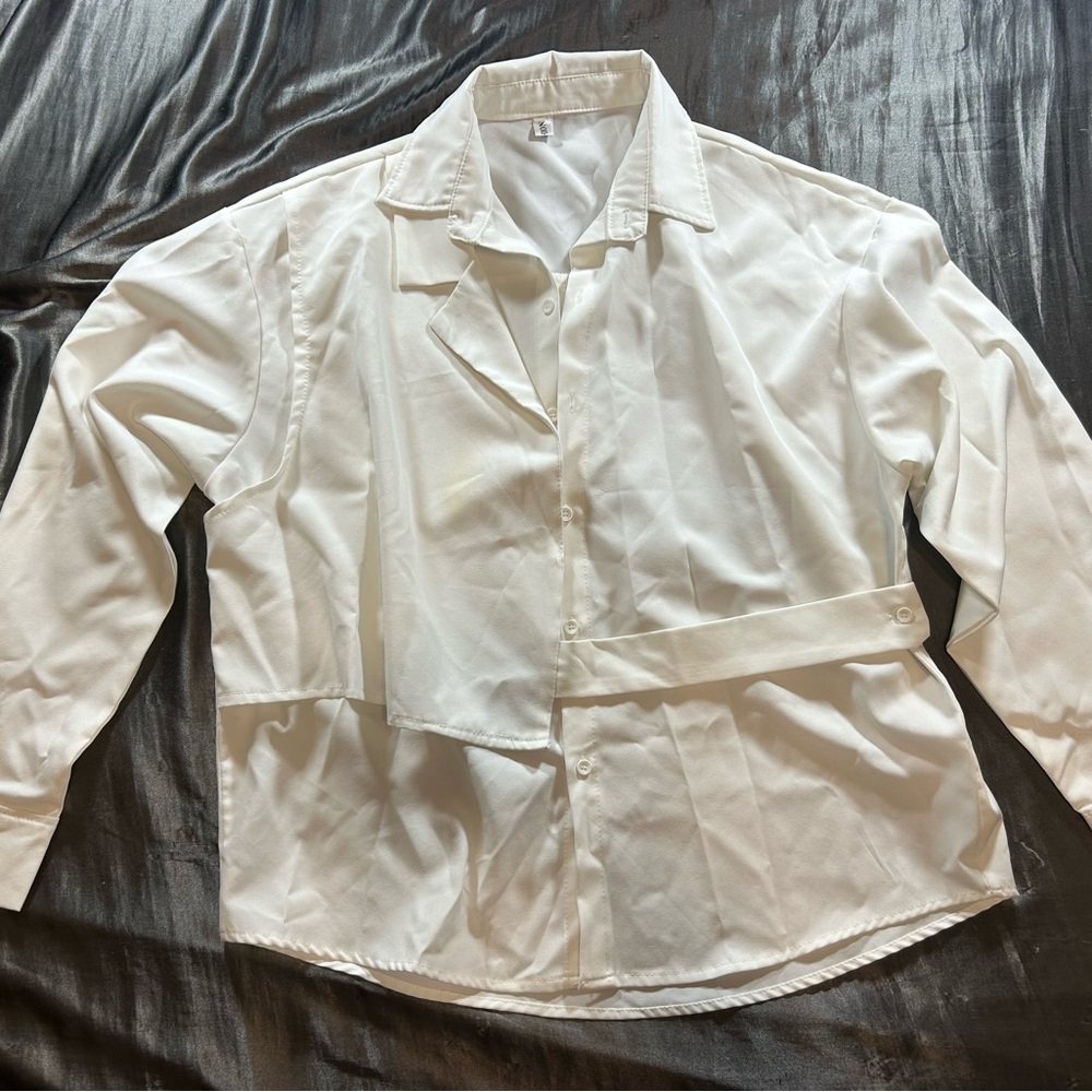White Button-Up Shirt with Unique Half Vest Design